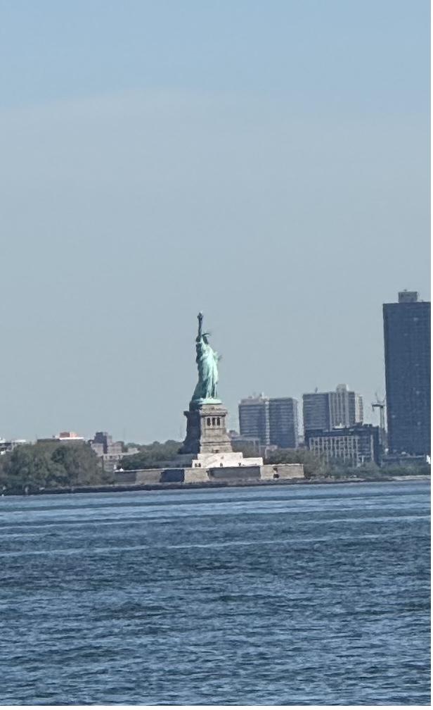 The Statue of Liberty seen from the water, green against the sky