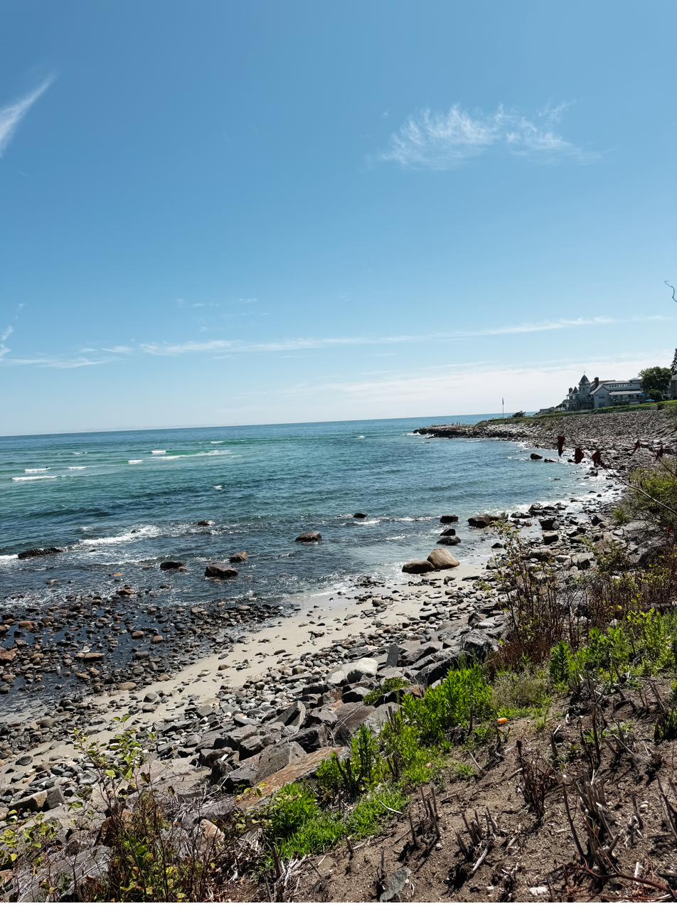 The rocky shoreline of Long Island Sound on a summer afternoon